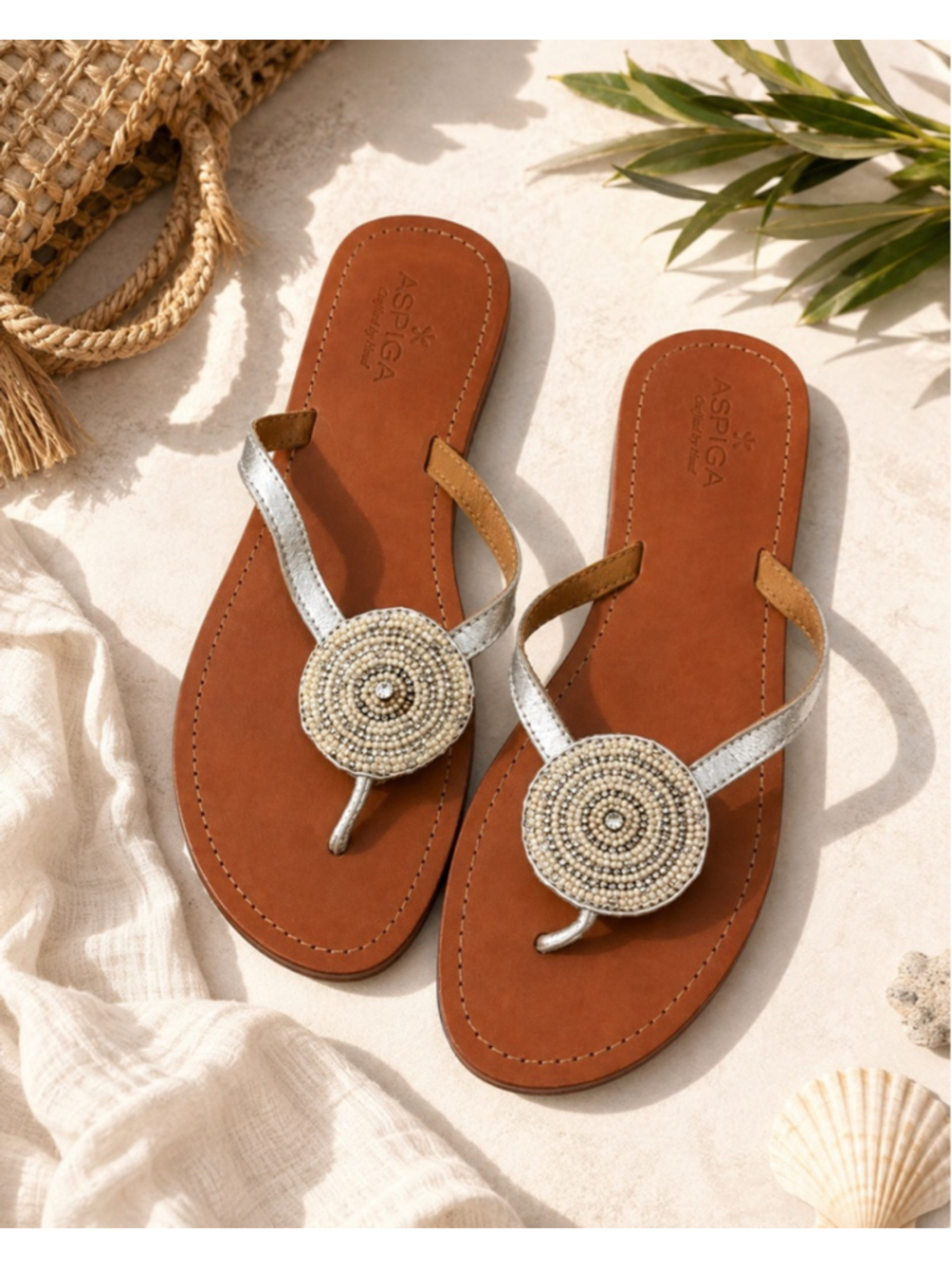 Aspiga Silver Beaded Leather Thong Sandals Flip Flops Boho Resort Women EU43/12